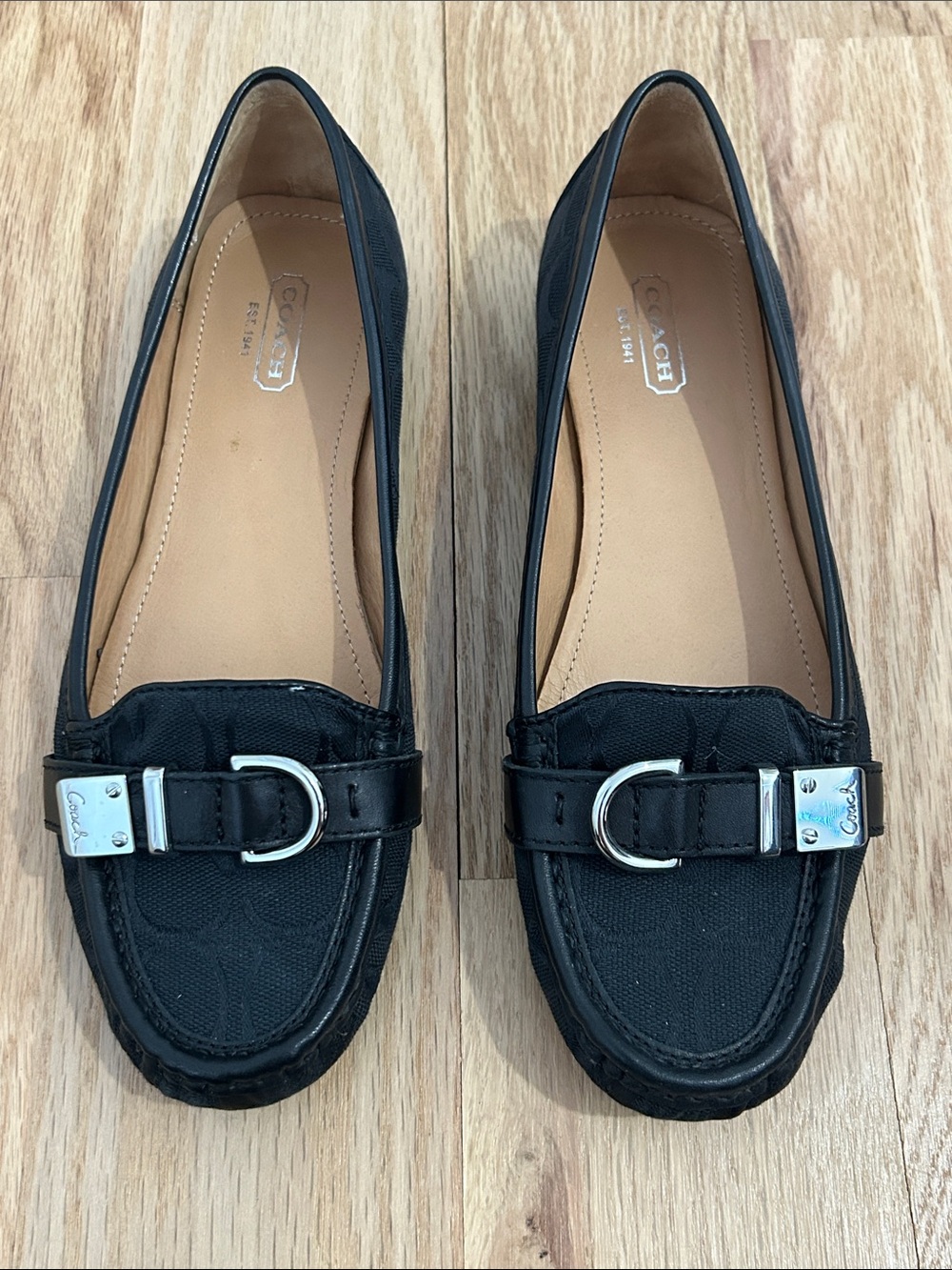 Coach Black Canvas & Leather Loafers with Silver Buckle